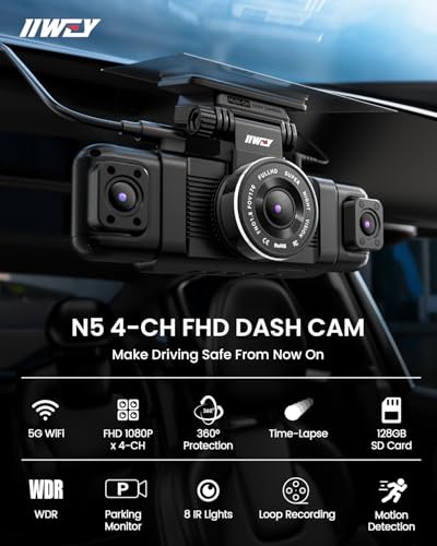 360° View Dash Cam for Cars, 1080P WiFi Control, Night Vision, 128GB Included