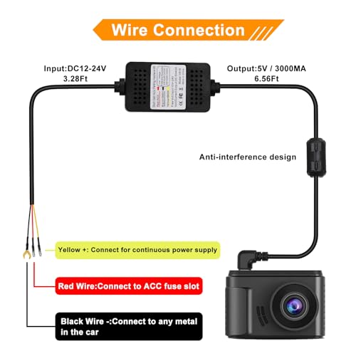 Hardwire Kit with USB-C Charger Cable for Dash Cams (12V-24V to 5V, Low Voltage Protection)