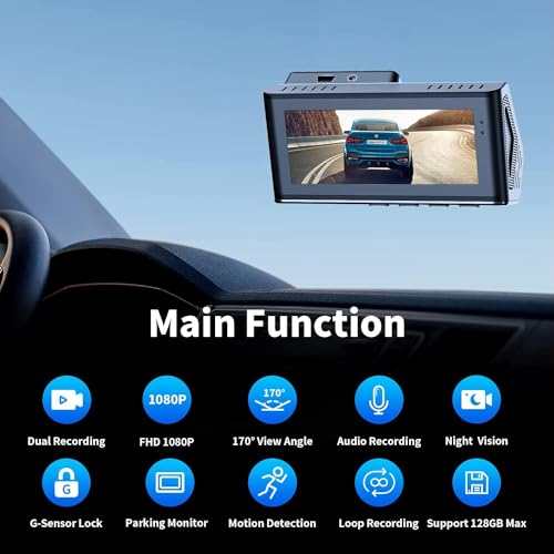 PRUVEEO 1080P Dual Dash Cam with 3.39" Screen and Motion Detection