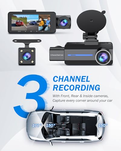 Triple Car Camera 2.5K Front & Rear Dash Cam, 1440P, G-Sensor, 32GB