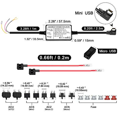 Mini USB 12V-24V to 5V 2.5A Car Dash Cam Charger Cord 3 Core Power Kit 4 Types 8 Adapters 6 Fuses
