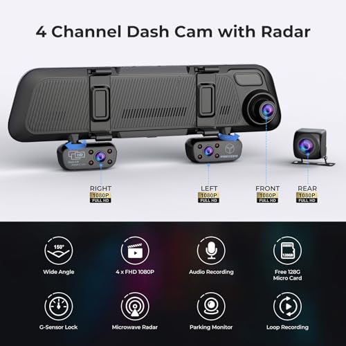 Advanced Mirror Dash Cam with Radar & 4 Cameras: 1080P, Night Vision, GPS