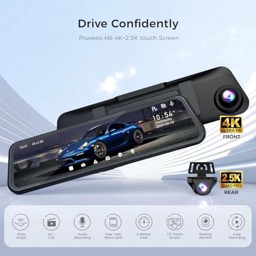PRUVEEO H6 Mirror Dash Cam, 12" Rear View, 4K Front, 2.5K Rear, GPS, Night Vision, Free 128GB