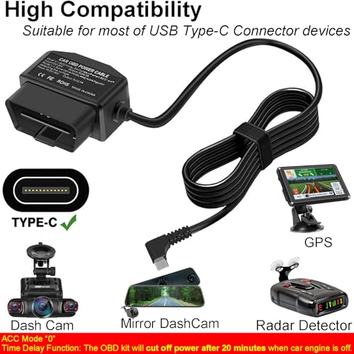 OBD2 USB-C Dash Cam Hardwire Kit 12-24V, 5V/3A Low Volt Prot, 24h Parking Surveillance