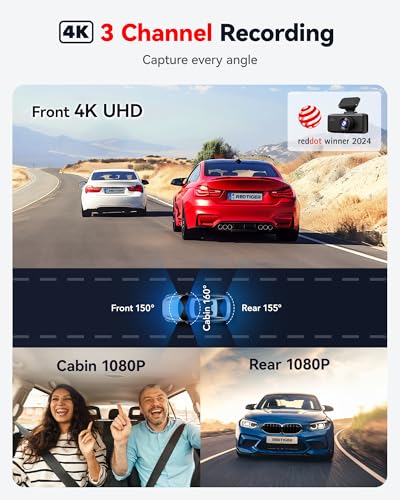 REDTIGER F17 4K Triple Channel Dash Cam with WiFi, GPS and Night Vision (64GB)